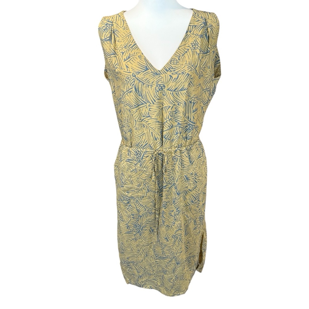 Prana Ecotropics Yellow and Blue Leaf Print Midi Dress women’s sz Small